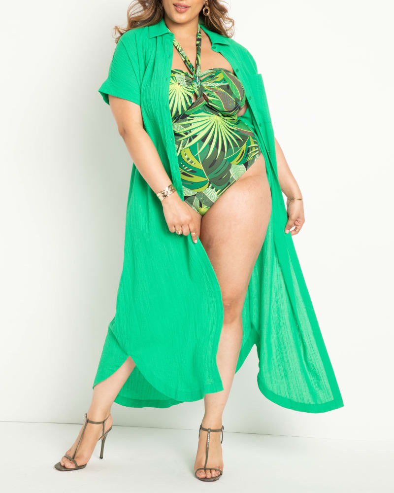Front of a model wearing a size 16 Maxi Shirtdress Coverup in Bright Green by ELOQUII. | dia_product_style_image_id:272899